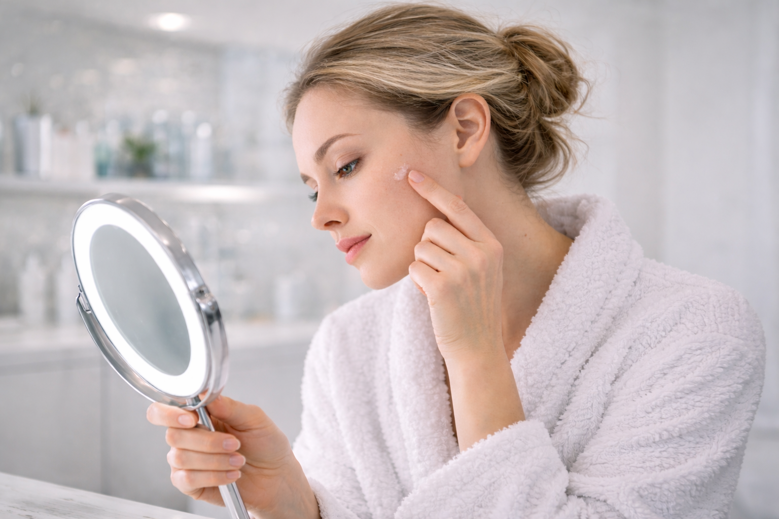 Close-up of a person's skin with a small visible concern, such as a mole or blemish.
